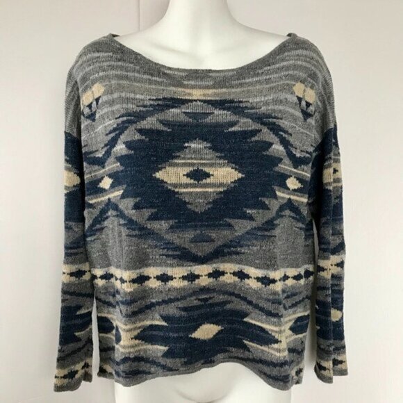RALPH LAUREN Cotton Southwest Tribal Print Pullover Sweater blues greys cream M - Picture 1 of 14